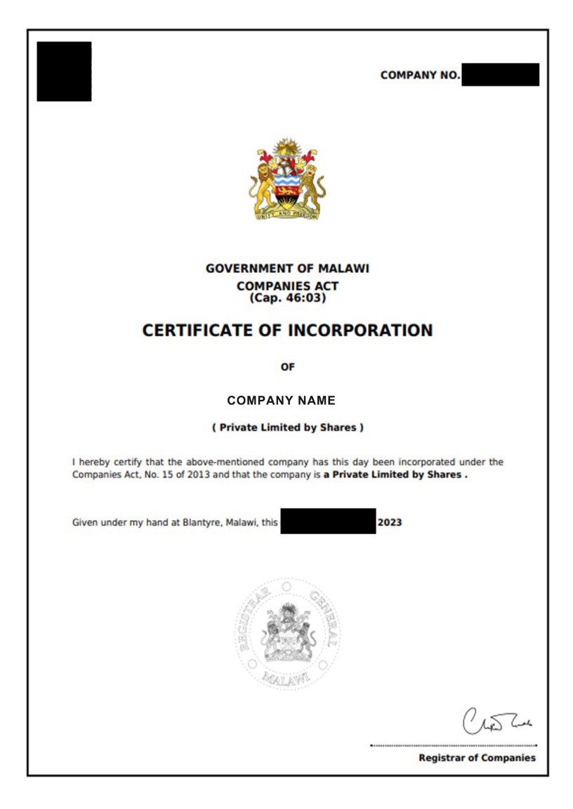 Malawi Certificate of Incorporation